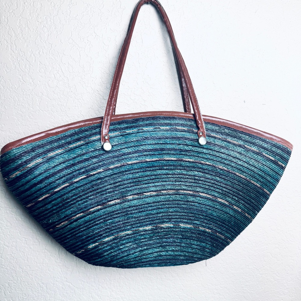 Large Woven Straw Beach Tote Bag Teal Blue Striped Fan Shape Shoulder Bag Zipper